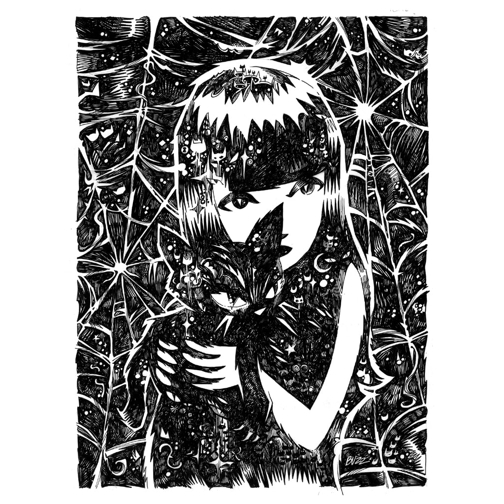 Kitty Whispers 18x22 Emily the Strange Original Ink Drawing