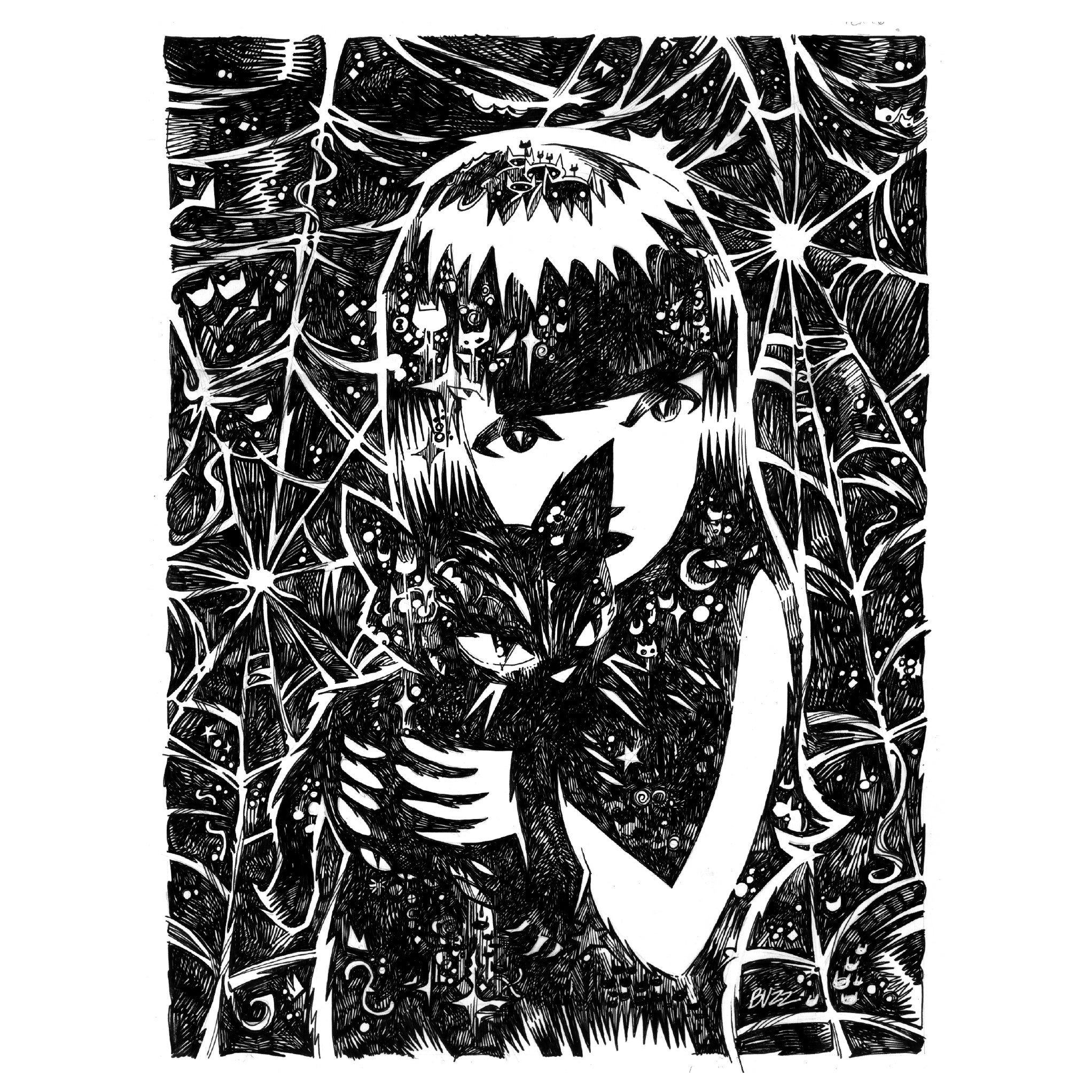 Kitty Whispers 18x22 Emily the Strange Original Ink Drawing