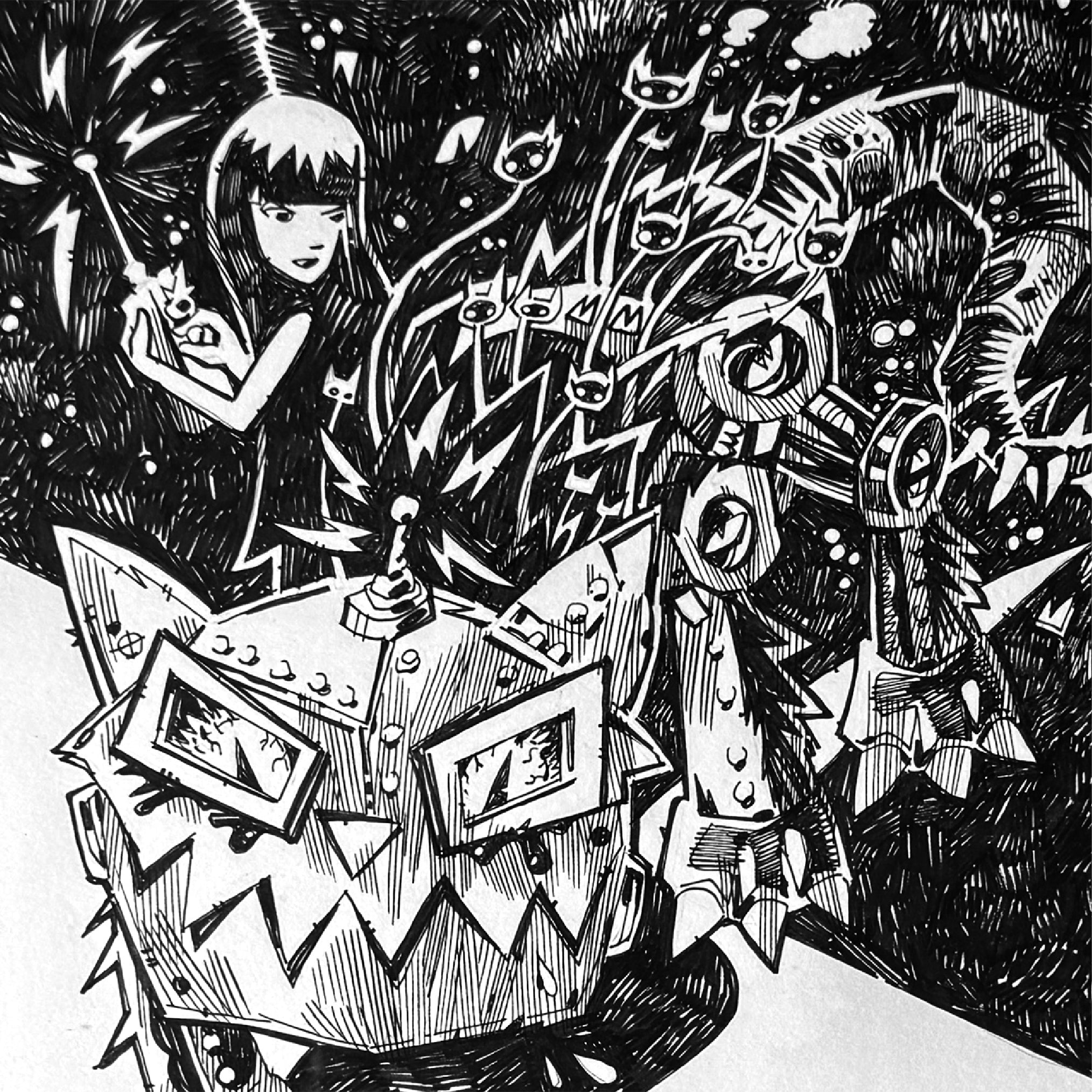 My Me'ow'chanical Kitty Emily the Strange Original Ink Drawing