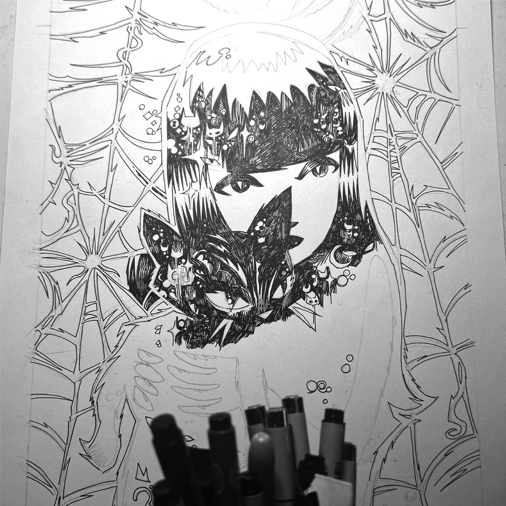 Kitty Whispers 18x22 Emily the Strange Original Ink Drawing