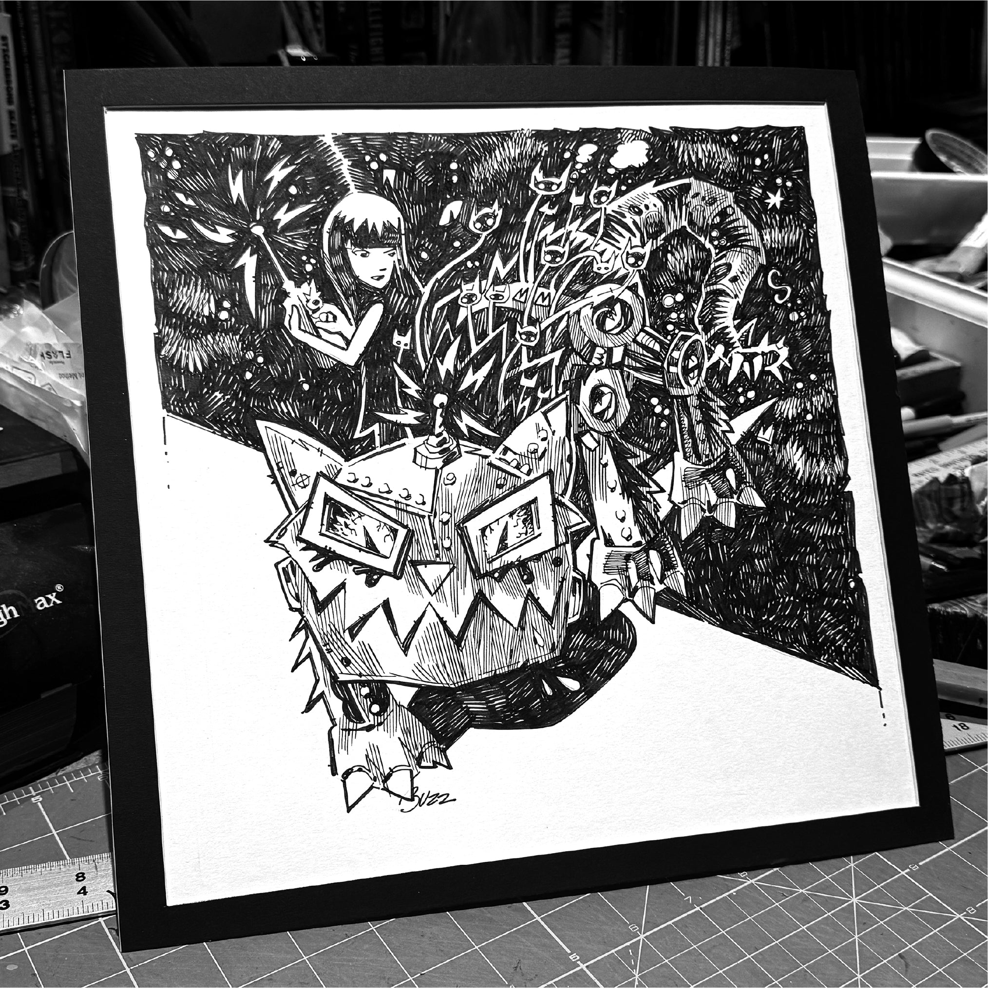 My Me'ow'chanical Kitty Emily the Strange Original Ink Drawing