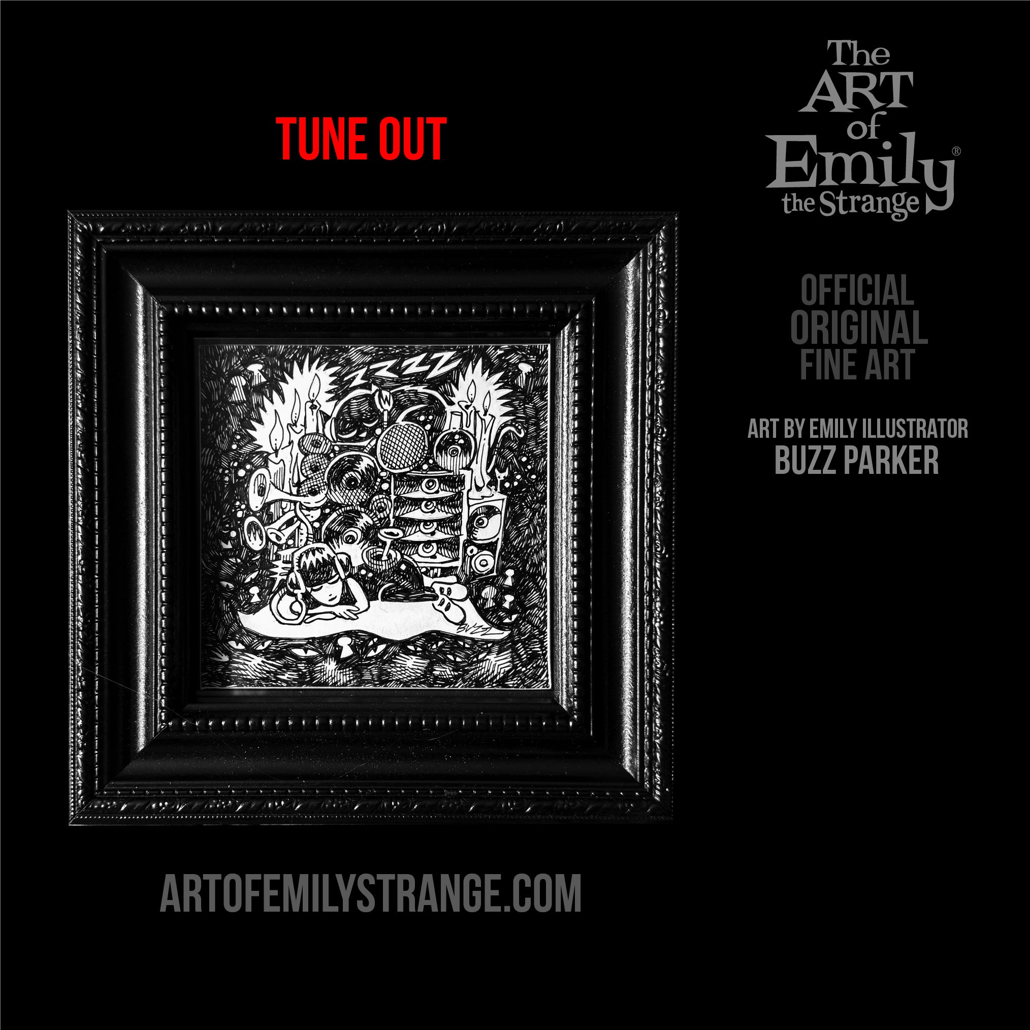 TUNE OUT Emily the Strange Original Ink Drawing