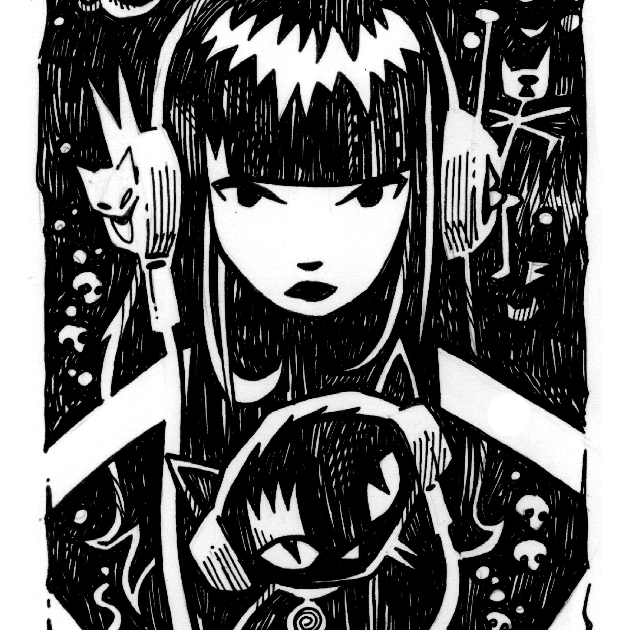 Hear Meow Now Emily the Strange Original Ink Drawing