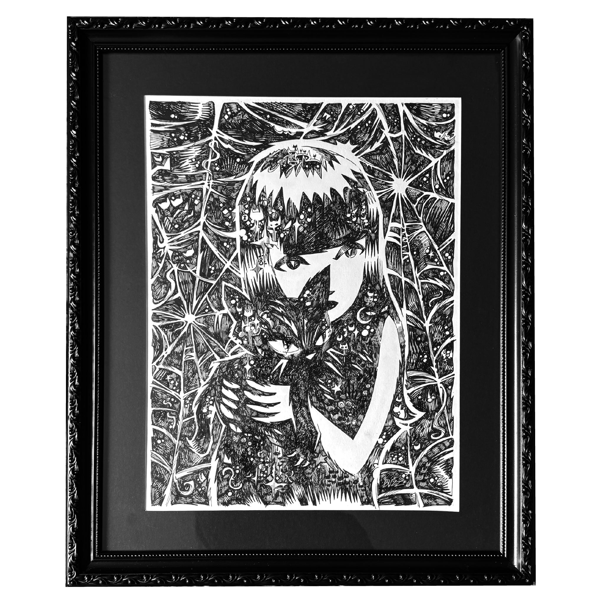 Kitty Whispers 18x22 Emily the Strange Original Ink Drawing