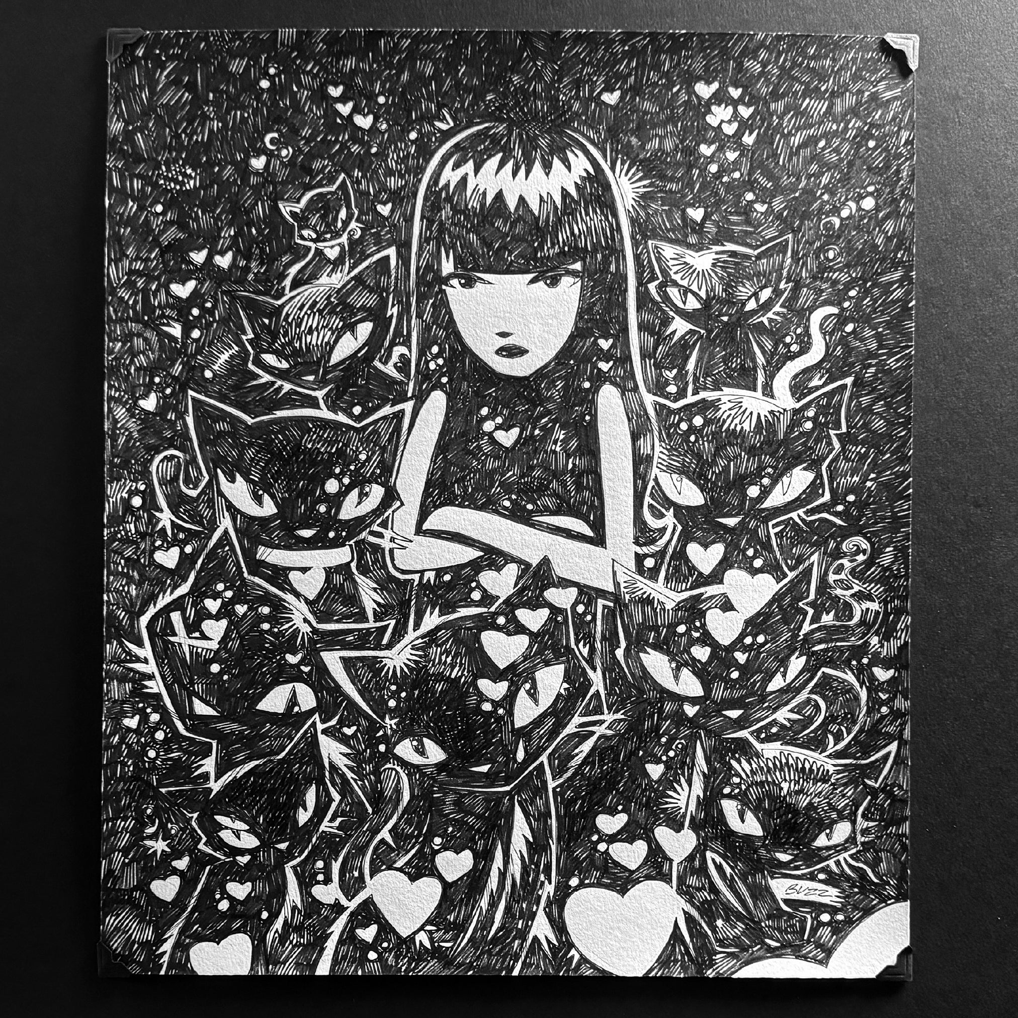 Cat Crew Emily the Strange Original Ink Drawing