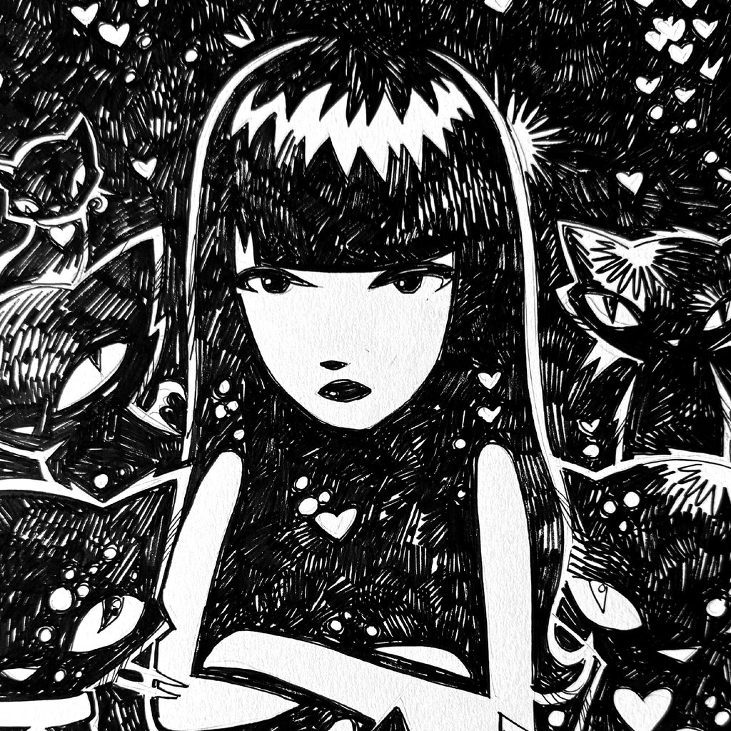 Cat Crew Emily the Strange Original Ink Drawing