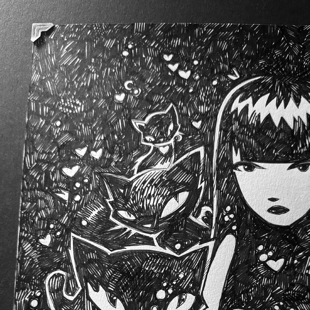 Cat Crew Emily the Strange Original Ink Drawing