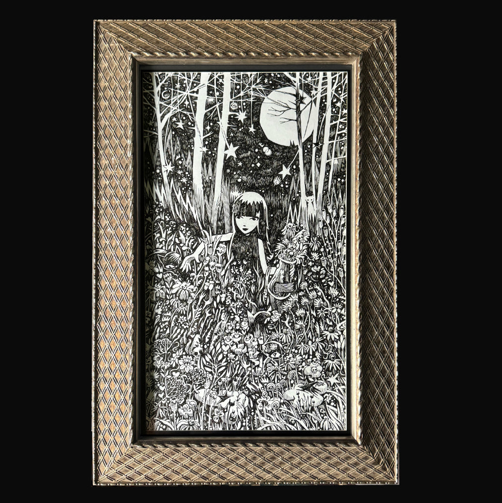 Full Moon Flowers 9.5x16.5 Emily the Strange Original Ink Drawing