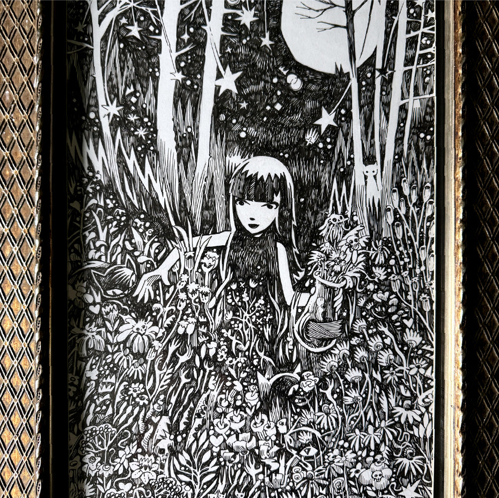 Full Moon Flowers 9.5x16.5 Emily the Strange Original Ink Drawing