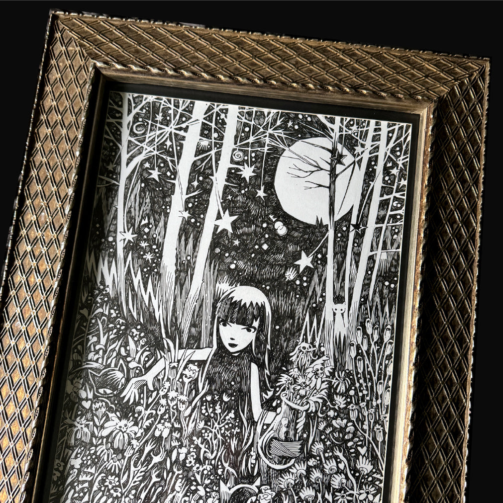 Full Moon Flowers 9.5x16.5 Emily the Strange Original Ink Drawing