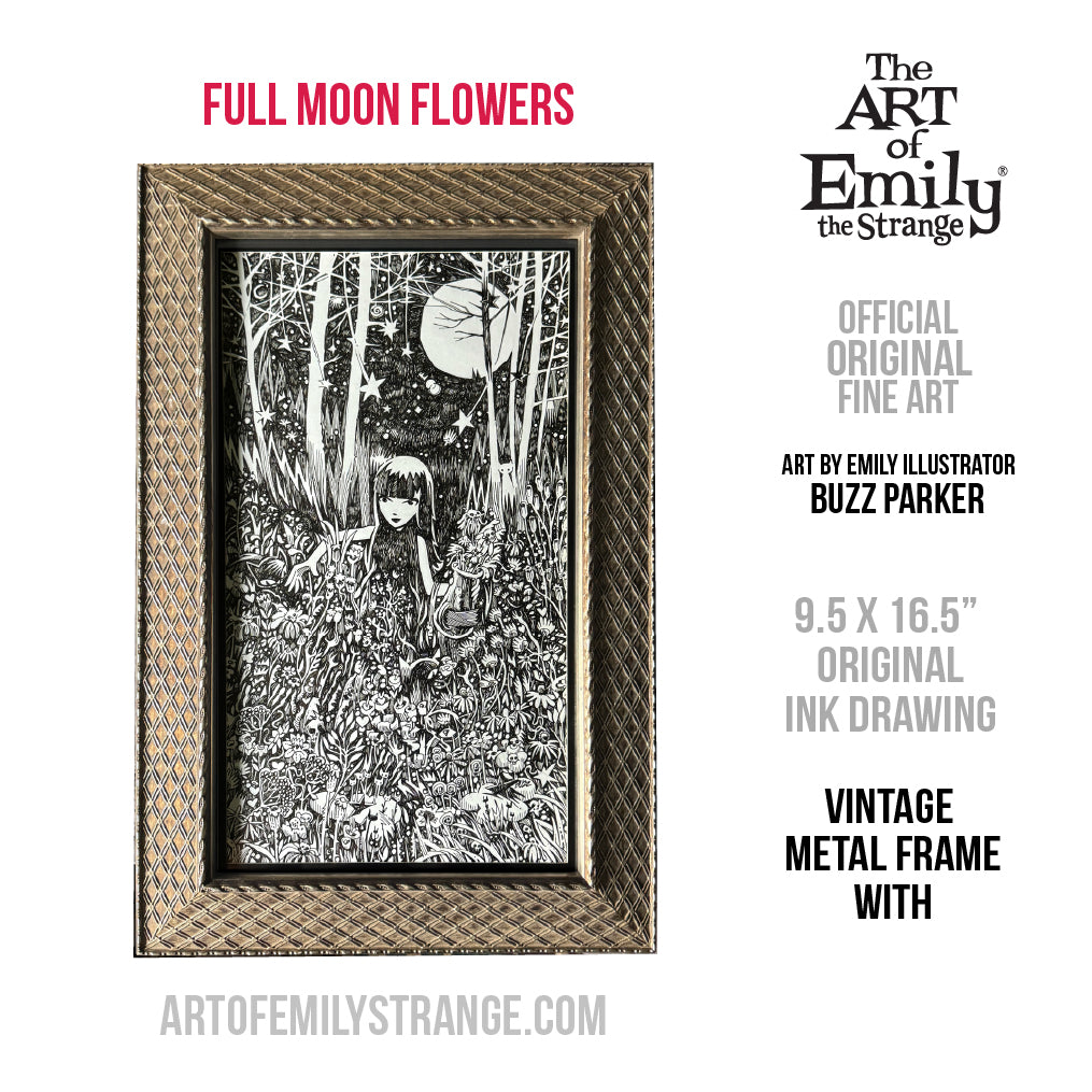 Full Moon Flowers 9.5x16.5 Emily the Strange Original Ink Drawing