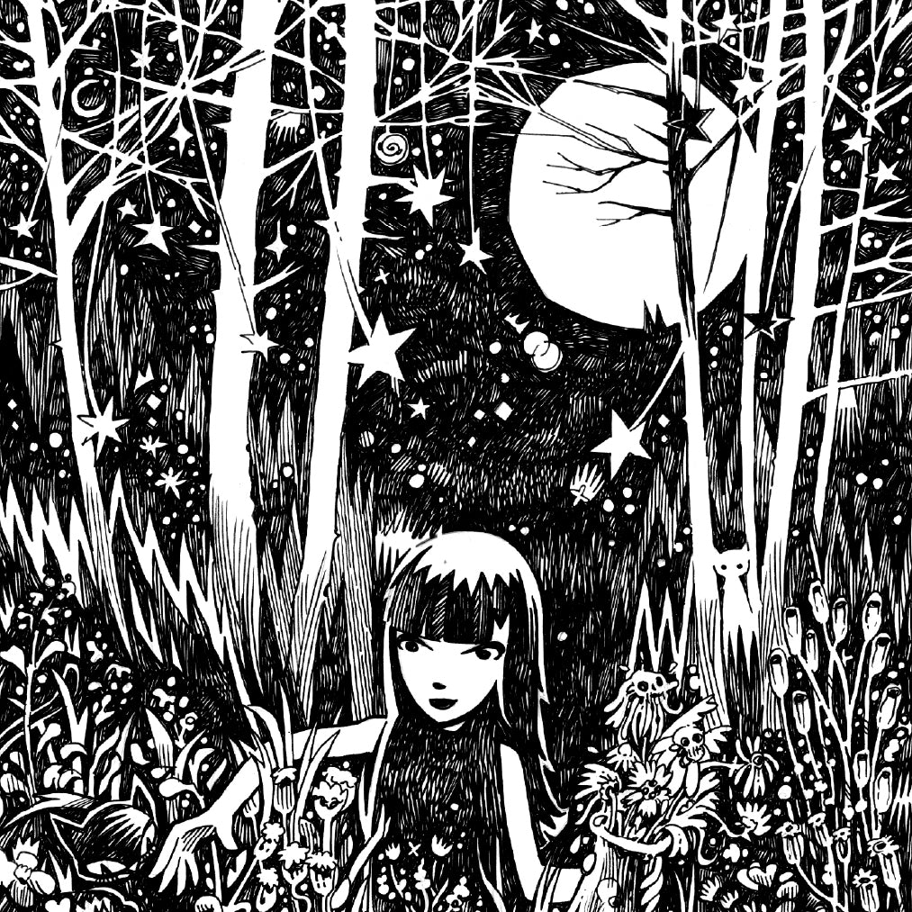 Full Moon Flowers 9.5x16.5 Emily the Strange Original Ink Drawing