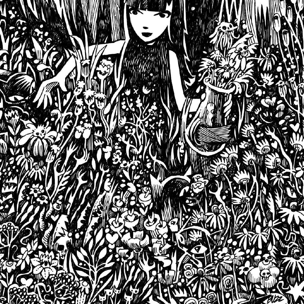 Full Moon Flowers 9.5x16.5 Emily the Strange Original Ink Drawing