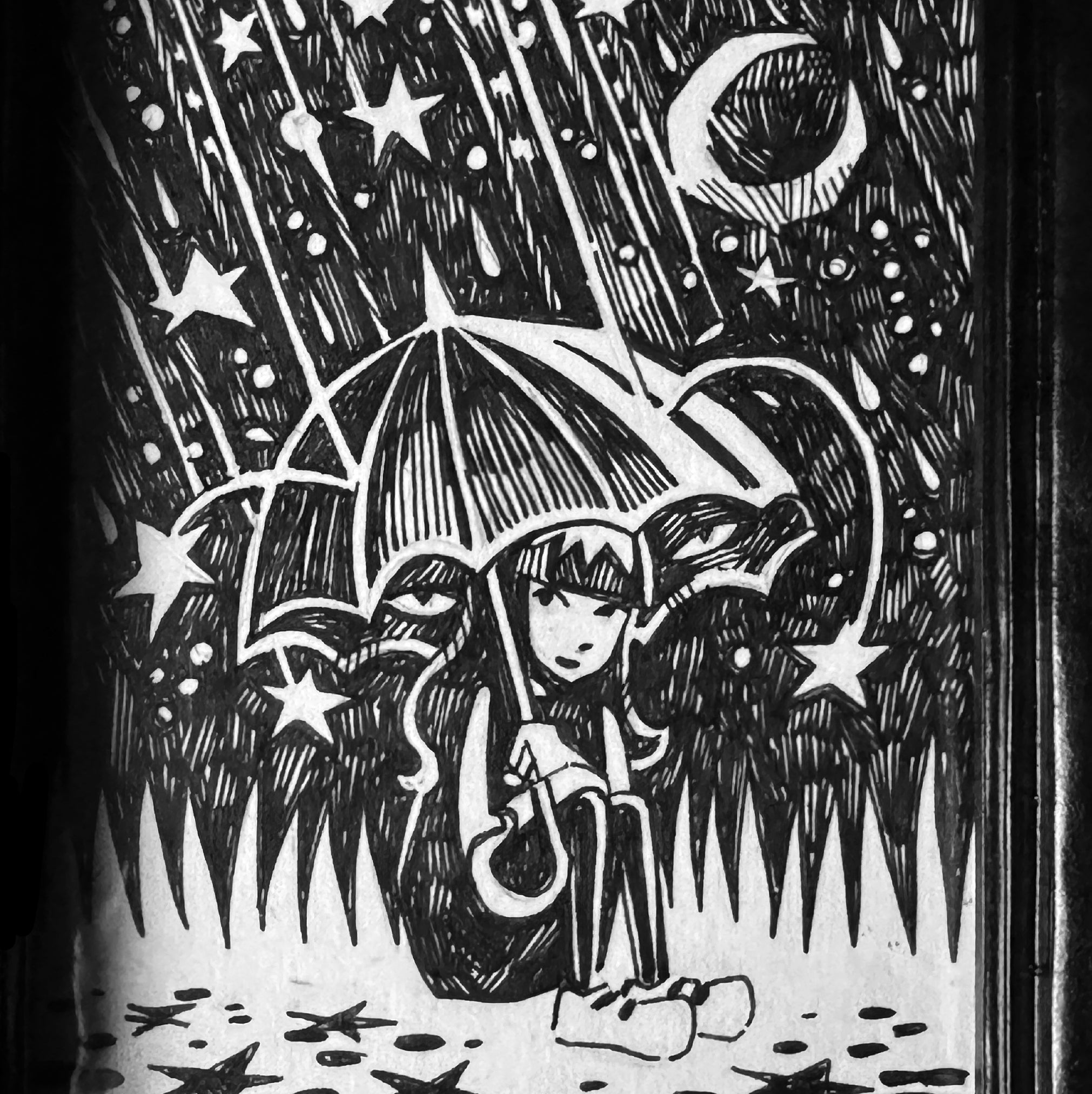 Raining Stars Emily the Strange Original Ink Drawing