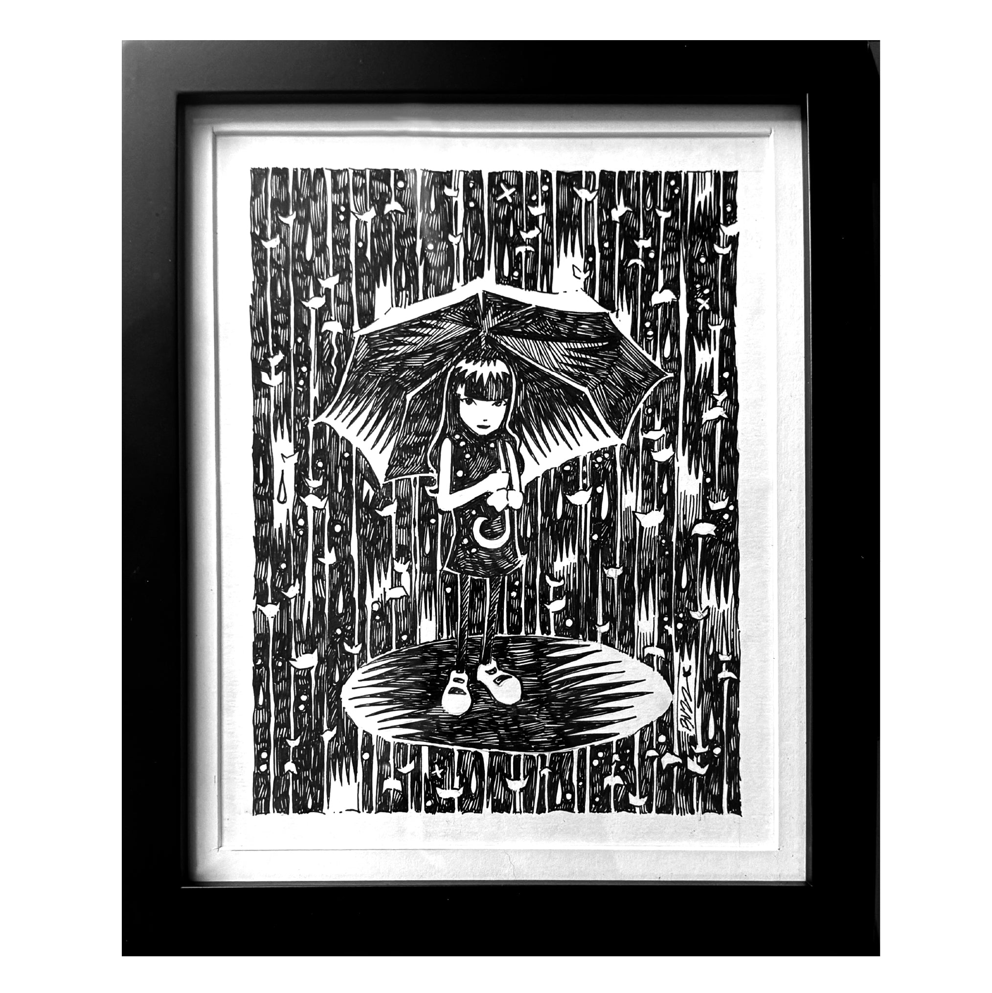 Raining Cats Emily the Strange Original Ink Drawing