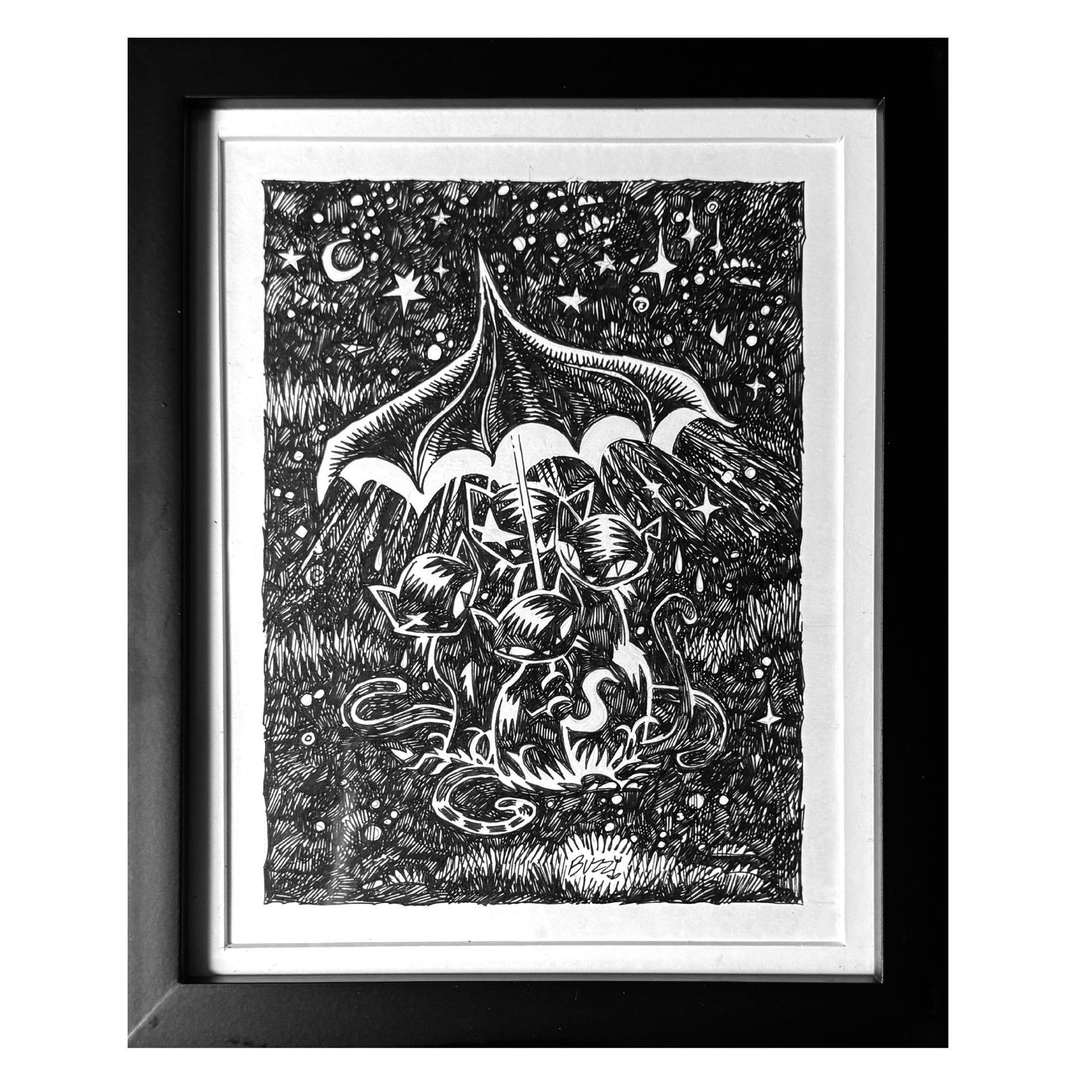 Rainy Night Emily the Strange Original Ink Drawing