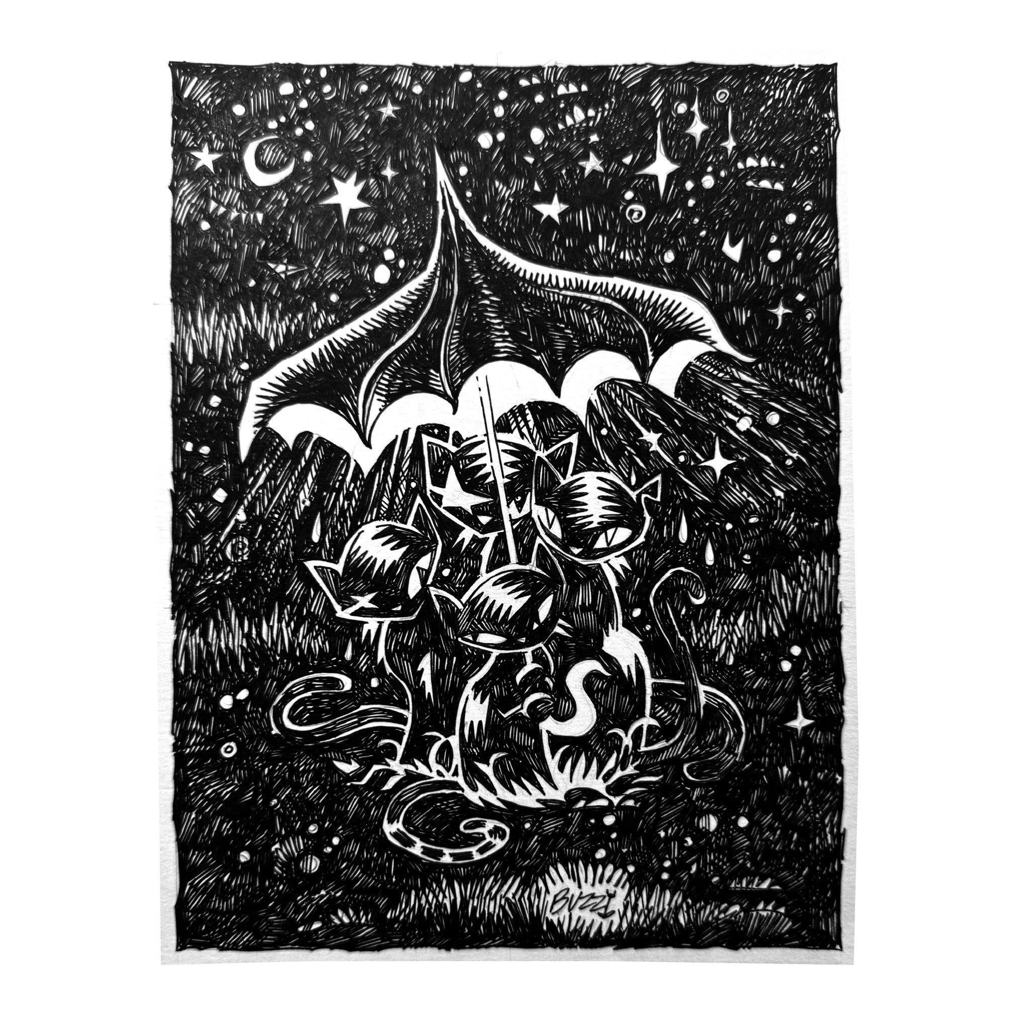 Rainy Night Emily the Strange Original Ink Drawing