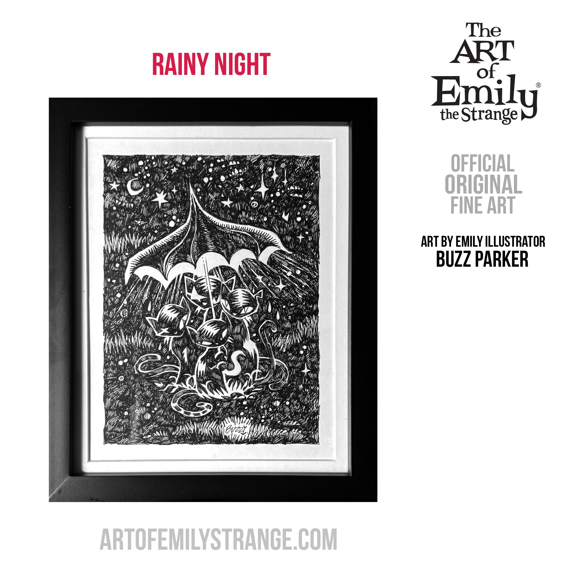 Rainy Night Emily the Strange Original Ink Drawing