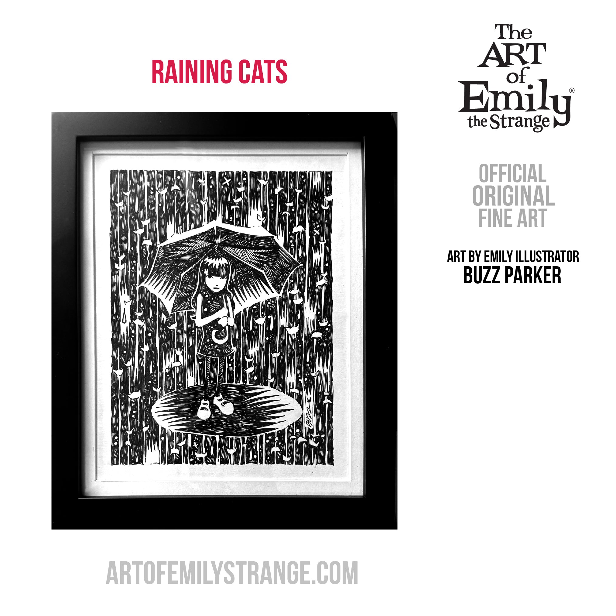 Raining Cats Emily the Strange Original Ink Drawing