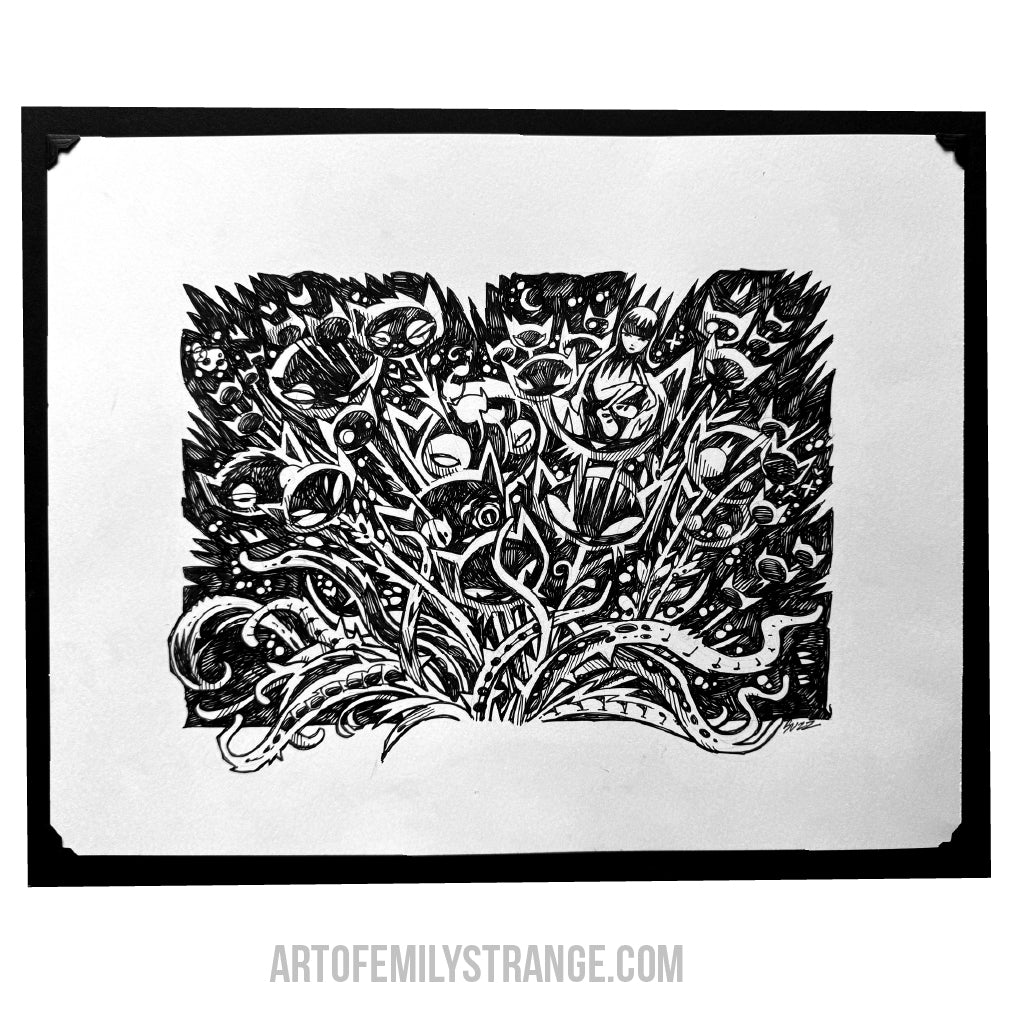 Kitty Flowers 7x10 Emily the Strange Original Ink Drawing