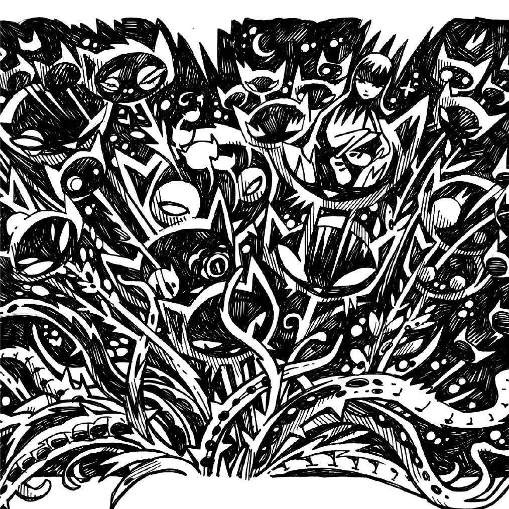 Kitty Flowers 7x10 Emily the Strange Original Ink Drawing