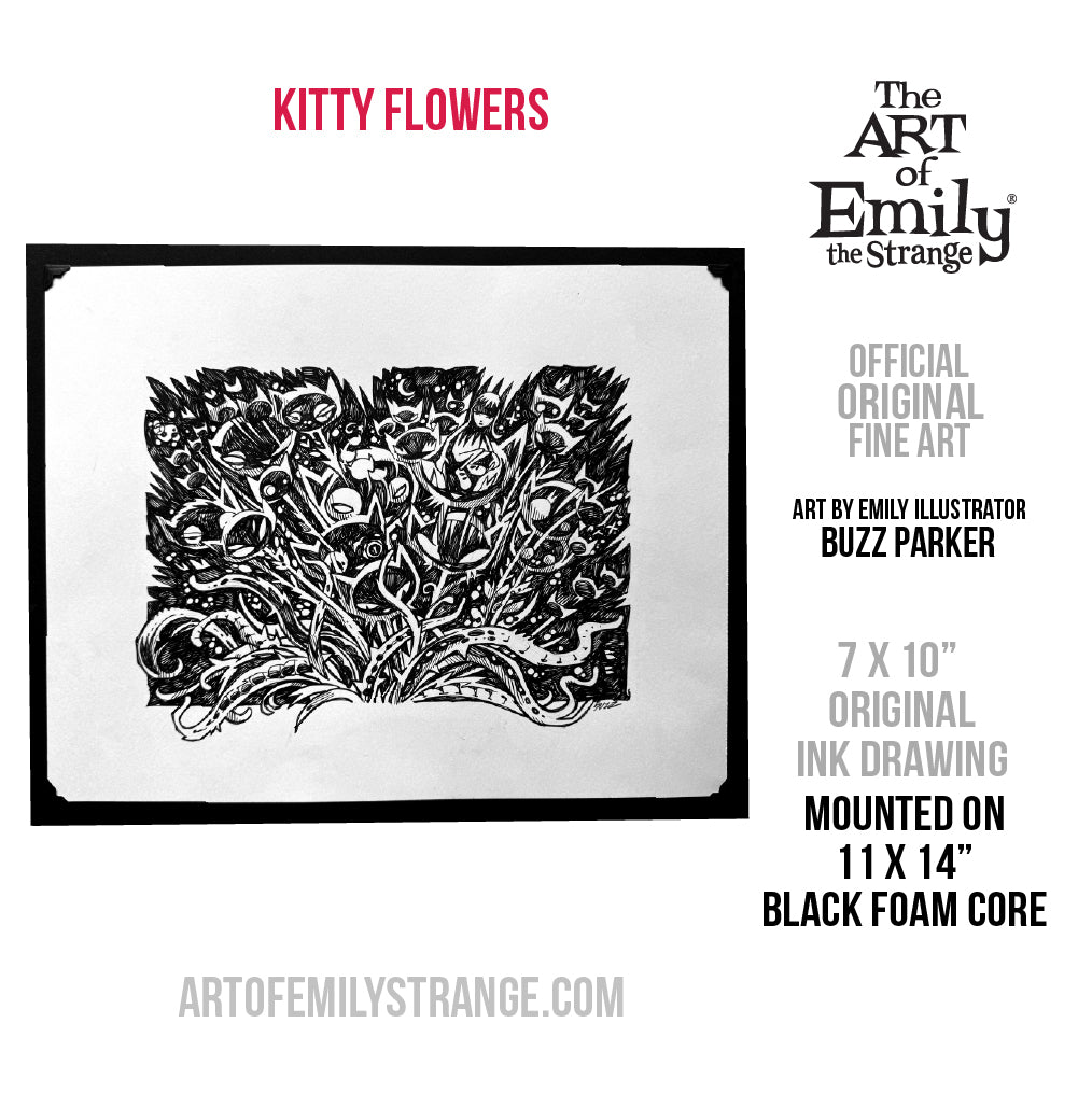 Kitty Flowers 7x10 Emily the Strange Original Ink Drawing