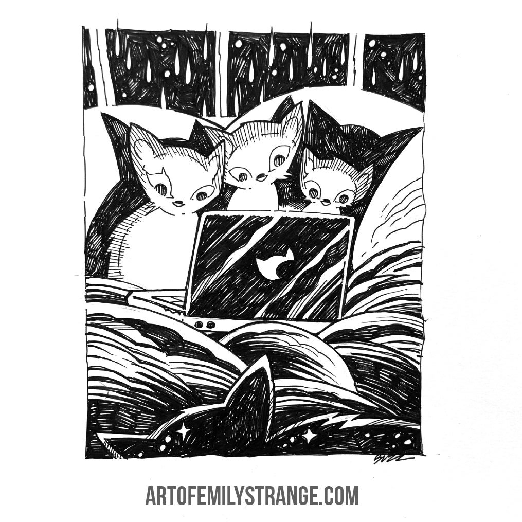 Scary Movie Night 6x8 Emily the Strange Original Ink Drawing