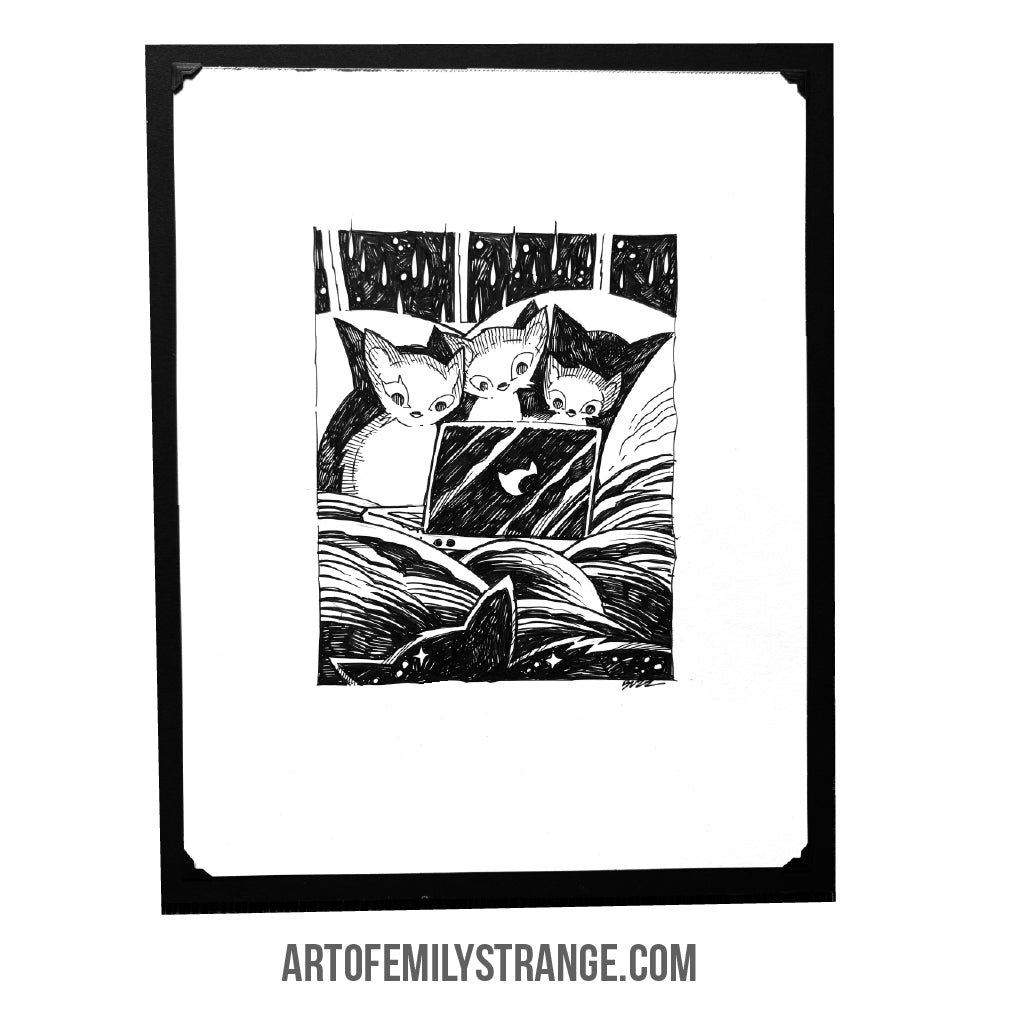 Scary Movie Night 6x8 Emily the Strange Original Ink Drawing