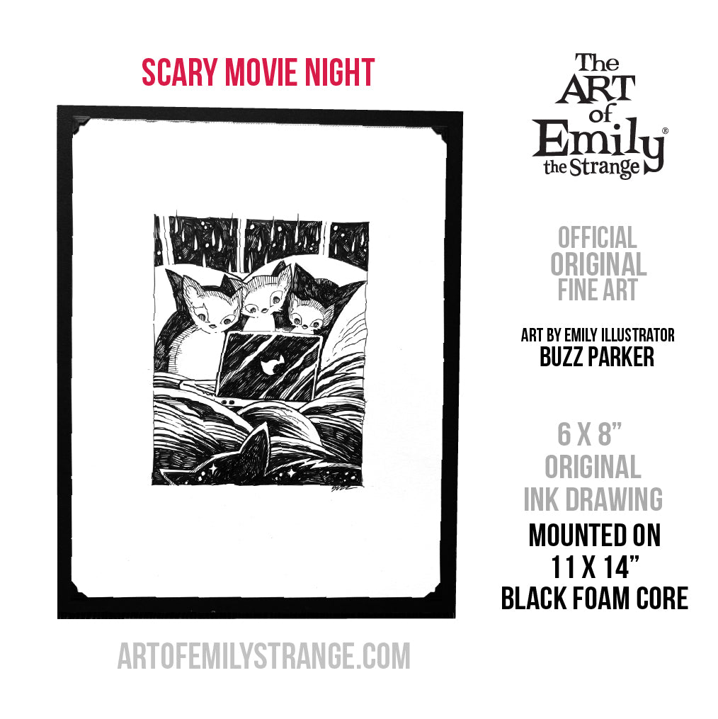 Scary Movie Night 6x8 Emily the Strange Original Ink Drawing