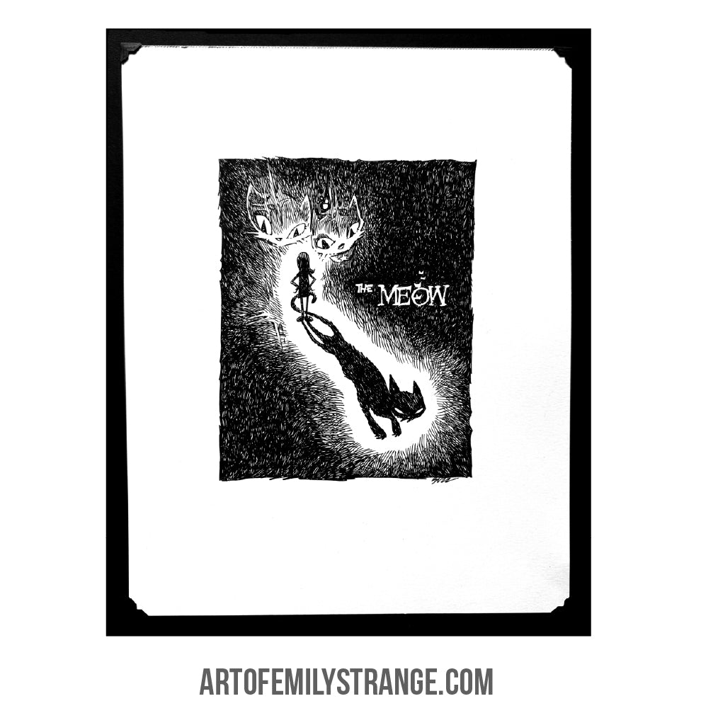 The MEOW 6x8 Emily the Strange Original Ink Drawing